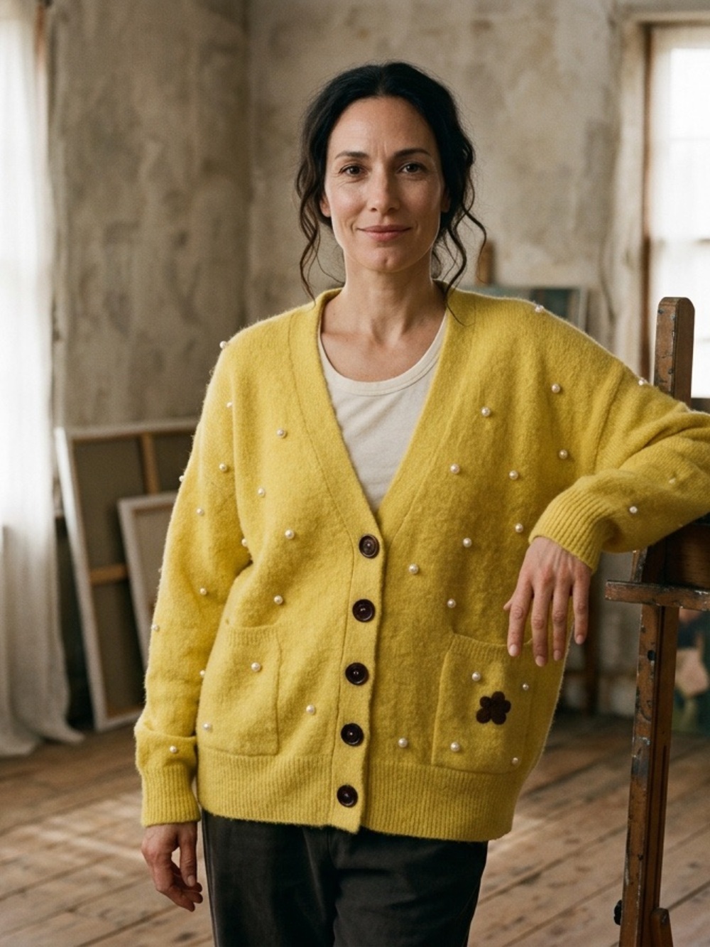 BNWT Golf le Fleur Alpaca Pearl-Accent Sunflower Yellow V‑Neck Cardigan Sweater
